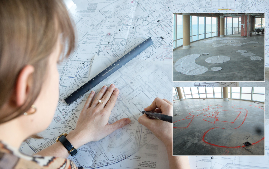 An architect at Suzanne Lovell Inc. works on the furniture plan of a project, and photos showing furniture templates in place at the job site