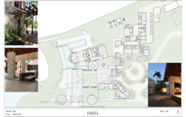 Paving plan drawing of Dominican Republic compound designs by Suzanne Lovell Inc. and photos of existing site