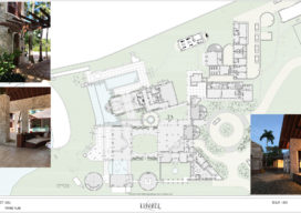 Paving plan drawing of Dominican Republic compound designs by Suzanne Lovell Inc. and photos of existing site
