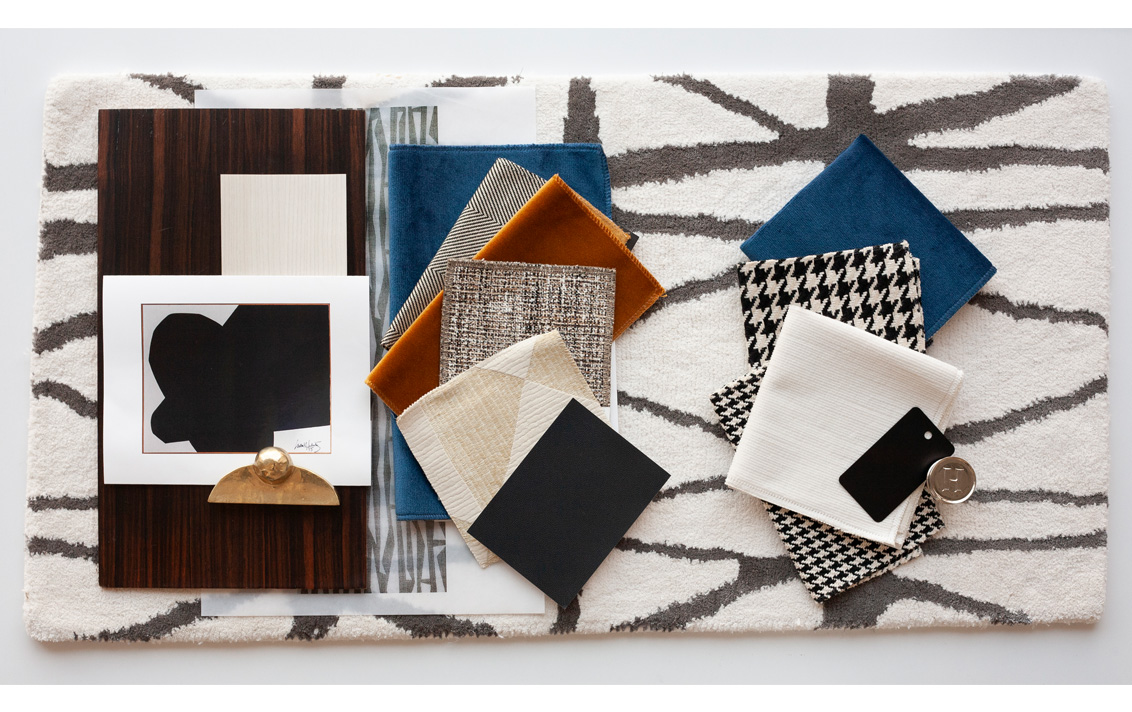 Fabric and material palette concept for a yacht designed by Suzanne Lovell Inc.