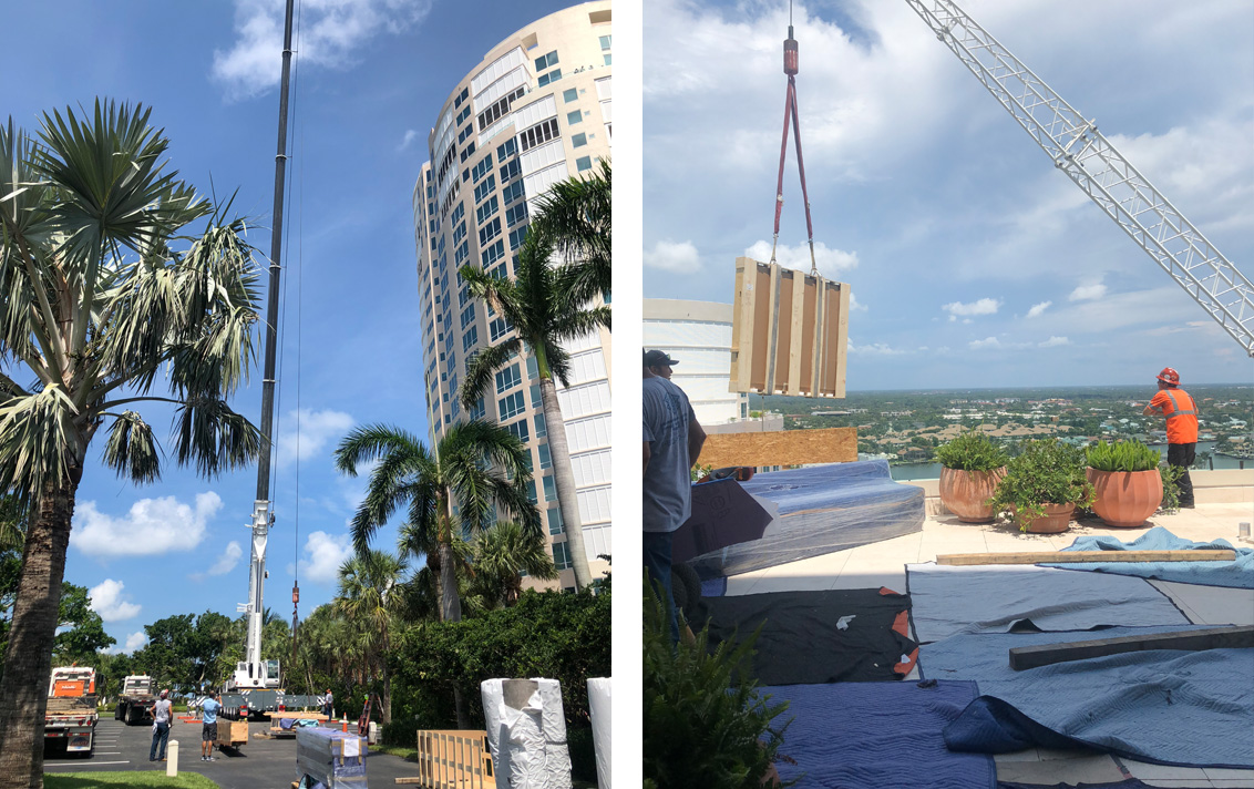 A crane delivers art and furniture to a penthouse in Florida designed by Suzanne Lovell Inc.