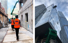 Suzanne Lovell in hardhat at construction site of Renelle on the River in Chicago