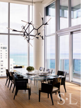 Dining room detail with chandelier by Lindsey Adelman