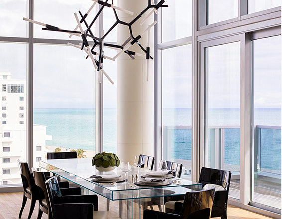 Dining room detail with chandelier by Lindsey Adelman