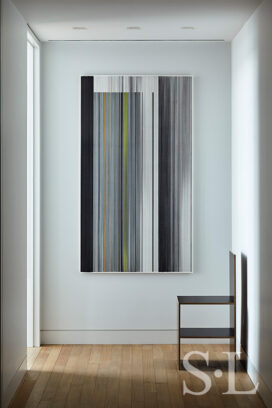 Hallway detail with artwork by Anne Lindberg and plywood chair by Donald Judd