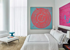 Guest bedroom with artwork by Nils Erik Gjerdevik