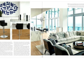 Luxe Magazine spread showing marble topped bar with artwork by Maren Kloppmann and living room with panoramic ocean views and sofa in white by Paola Navone in Miami Beach penthouse