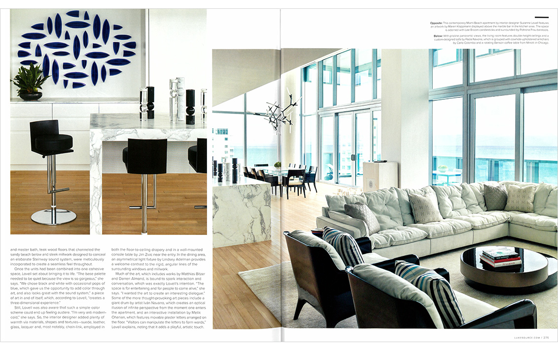 Luxe Magazine spread showing marble topped bar with artwork by Maren Kloppmann and living room with panoramic ocean views and sofa in white by Paola Navone in Miami Beach penthouse