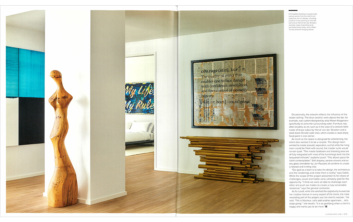 Luxe Magazine spread showing gallery space leading to a guest suite with artworks by Callum Innes and Peter Tynney, and a console by Herve Van der Straaten in Miami Beach penthouse