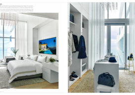 Luxe Magazine spread showing primary bedroom with white millwork paneling, Knoll bedside tables and artwork by Tom McKinley, and walk-in closet in Miami Beach penthouse