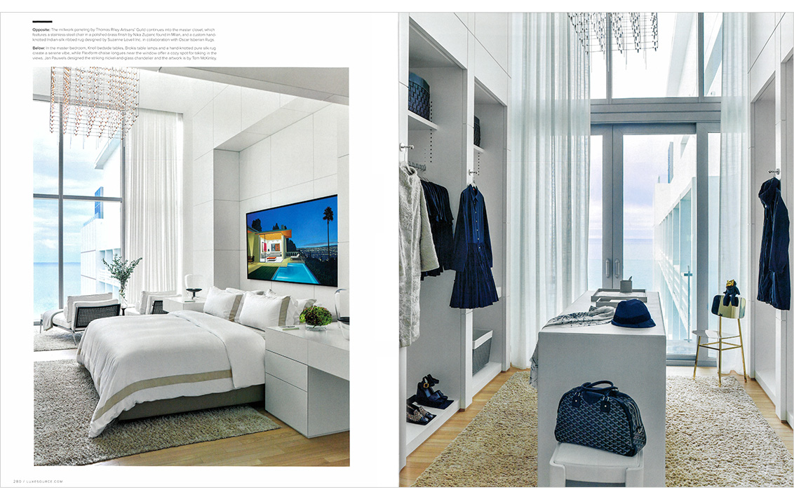 Luxe Magazine spread showing primary bedroom with white millwork paneling, Knoll bedside tables and artwork by Tom McKinley, and walk-in closet in Miami Beach penthouse