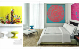 Luxe Magazine spread showing detail of artwork by Roberto Bernardi and side tables by India Mahdavi in one guest bedroom, and artworks by Nils Erik Gjerdevik in another in Miami Beach penthouse