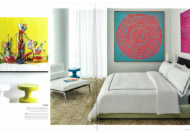 Luxe Magazine spread showing detail of artwork by Roberto Bernardi and side tables by India Mahdavi in one guest bedroom, and artworks by Nils Erik Gjerdevik in another in Miami Beach penthouse