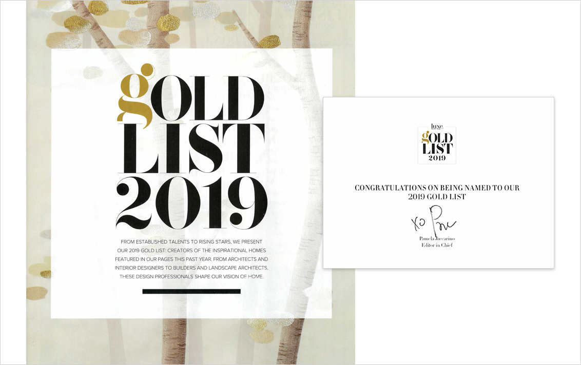 LUXE Magazine image showing their 2019 Gold List of top interior designers and architects