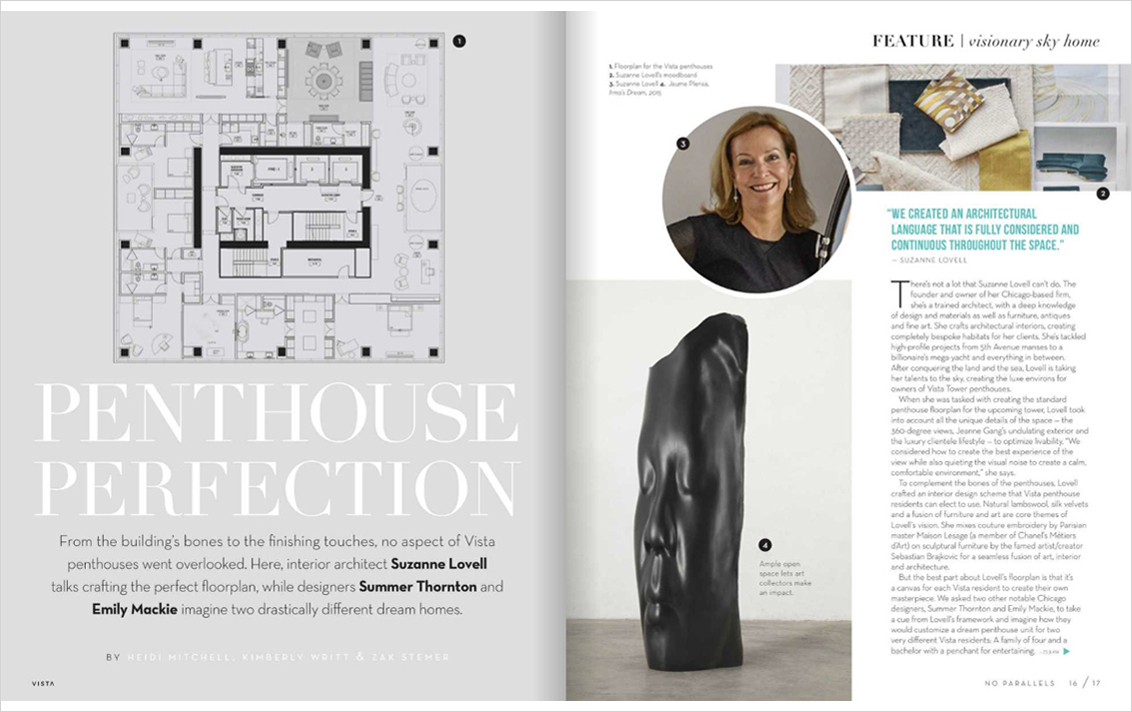Magazine spread showing designer Suzanne Lovell's plans for a penthouse in the St. Regis Chicago, formerly Wanda Vista Tower, including artwork by Jaume Plensa and a blue and white fabric palette