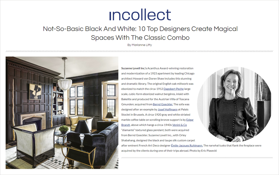 InCollect article featuring residential library in black and white designed by Suzanne Lovell Inc.