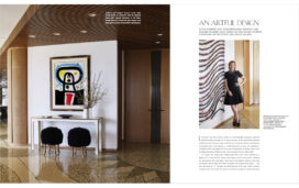 Florida Design magazine spread showing entryway with a painting by Joan Miró and portrait of Suzanne Lovell in front of artwork by Tsuyoshi Maekawa in a penthouse she designed in Naples, FL