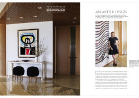 Florida Design magazine spread showing entryway with a painting by Joan Miró and portrait of Suzanne Lovell in front of artwork by Tsuyoshi Maekawa in a penthouse she designed in Naples, FL