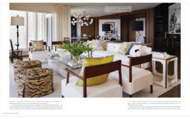 Magazine spread showing interior design of living room in light and bright fabrics in Naples, FL penthouse