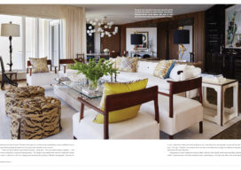 Magazine spread showing interior design of living room in light and bright fabrics in Naples, FL penthouse
