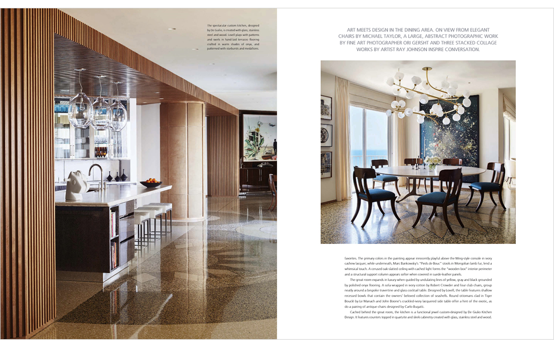 Magazine spread showing interior design of kitchen and dining room with artwork by Ori Gersht in Naples, FL penthouse