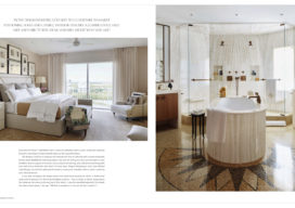 Magazine spread showing interior design and architecture of primary bedroom and bath with soaking tub in Naples, FL