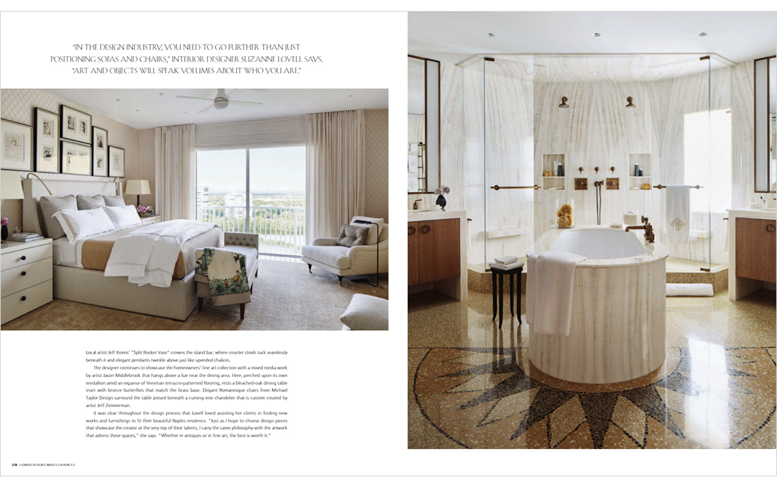 Magazine spread showing interior design and architecture of primary bedroom and bath with soaking tub in Naples, FL