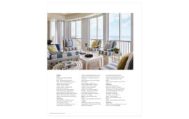 Magazine spread showing enclosed terrace with outdoor furniture by McKinnon and Harris with blue and white striped upholstery in Naples, FL penthouse