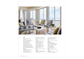 Magazine spread showing enclosed terrace with outdoor furniture by McKinnon and Harris with blue and white striped upholstery in Naples, FL penthouse