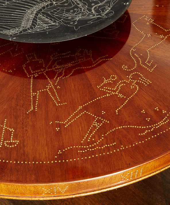 Otto Schultz Zodiac Table in mahogany and brass with Hermès Bowl in black marble with carved decorations of Pegasus.