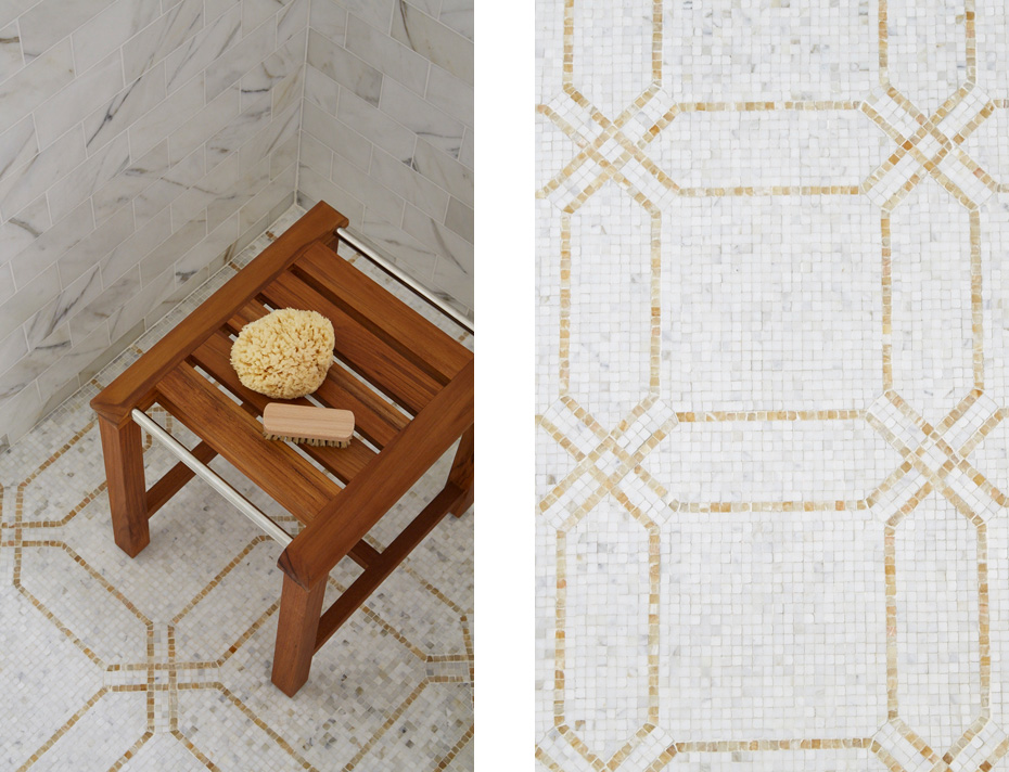 Master bath details featuring octagonal micro mosaid tile with calacatta gold and honey onyx linear pattern
