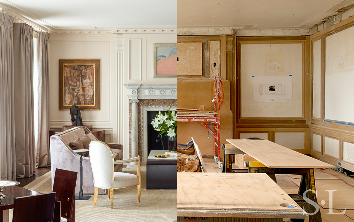 Award winning living room renovation showing before and after view towards fireplace