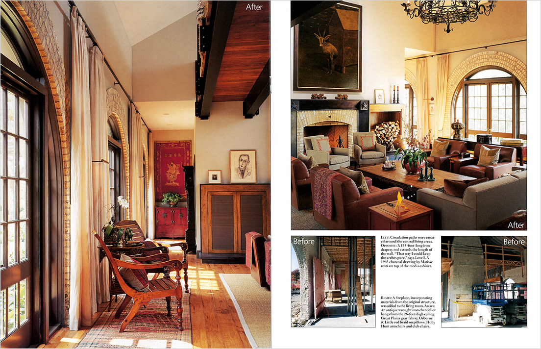 Magazine spread showing before photos of former artillery shed and after photos of the living room