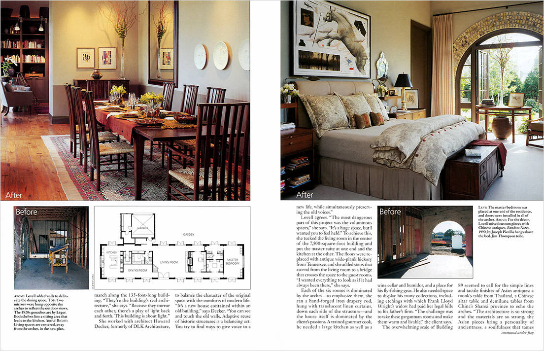 Magazine spread showing dining room and bedrooom after photos along with before photos