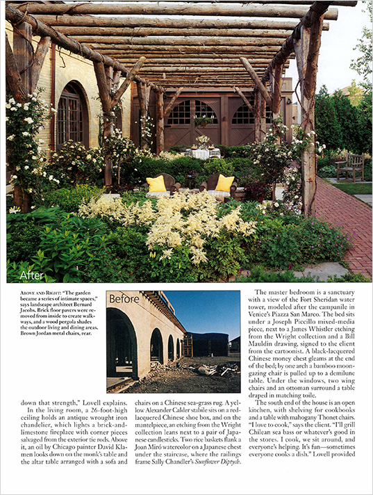 Magazine spread showing exterior garden of former artillery shed and before photos of this space