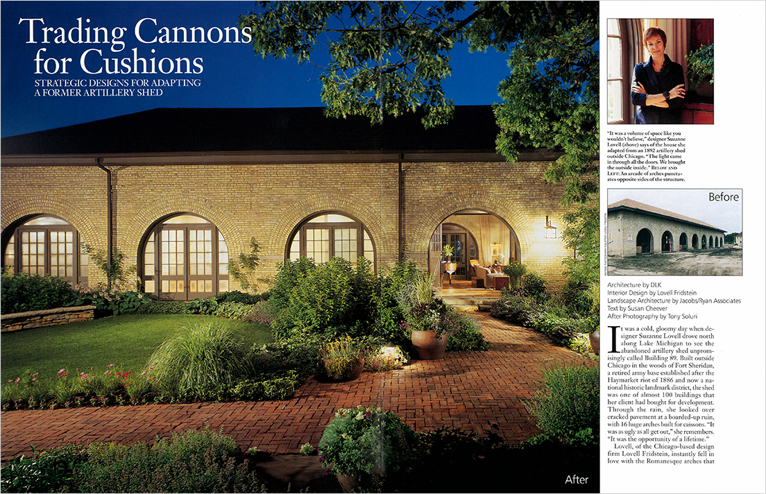 Magazine spread showing exterior evening view of former artillery shed transformed into a home by Suzanne Lovell Inc., and before exterior photo