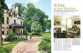 AD Magazine spread showing front exterior and living room of Queen Anne style house on Lake Michigan renovated by Suzanne Lovell