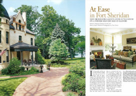 AD Magazine spread showing front exterior and living room of Queen Anne style house on Lake Michigan renovated by Suzanne Lovell