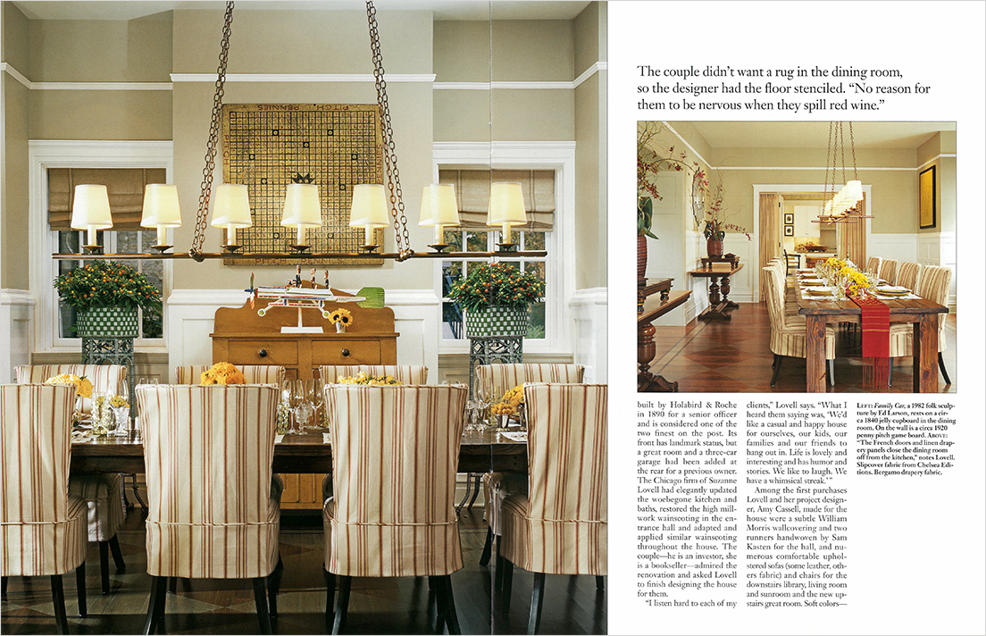 AD Magazine spread of Queen Anne-style home renovation showing 2 views of dining room