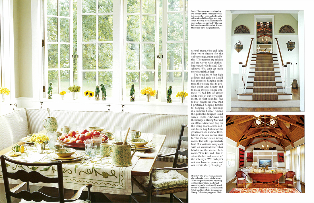 AD Magazine spread showing breakfast room banquette, stairs leading to great room, and great room with open layout and soaring ceiling