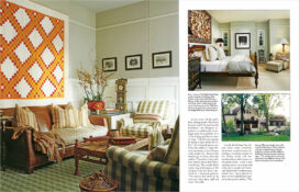 AD magazine spread showing the library with Triple Irish Chain quilt, primary bedroom with Crazy quilt, and back exterior view of Queen Anne-style home