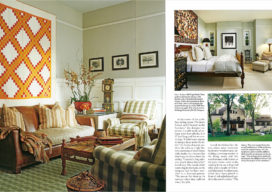 AD magazine spread showing the library with Triple Irish Chain quilt, primary bedroom with Crazy quilt, and back exterior view of Queen Anne-style home