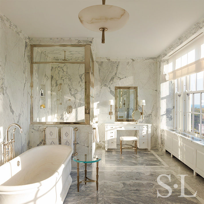 Master bath luxury interior renovation featuring Italian marble
