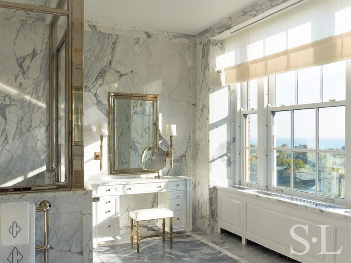 Master bath luxury interior renovation featuring Italian marble