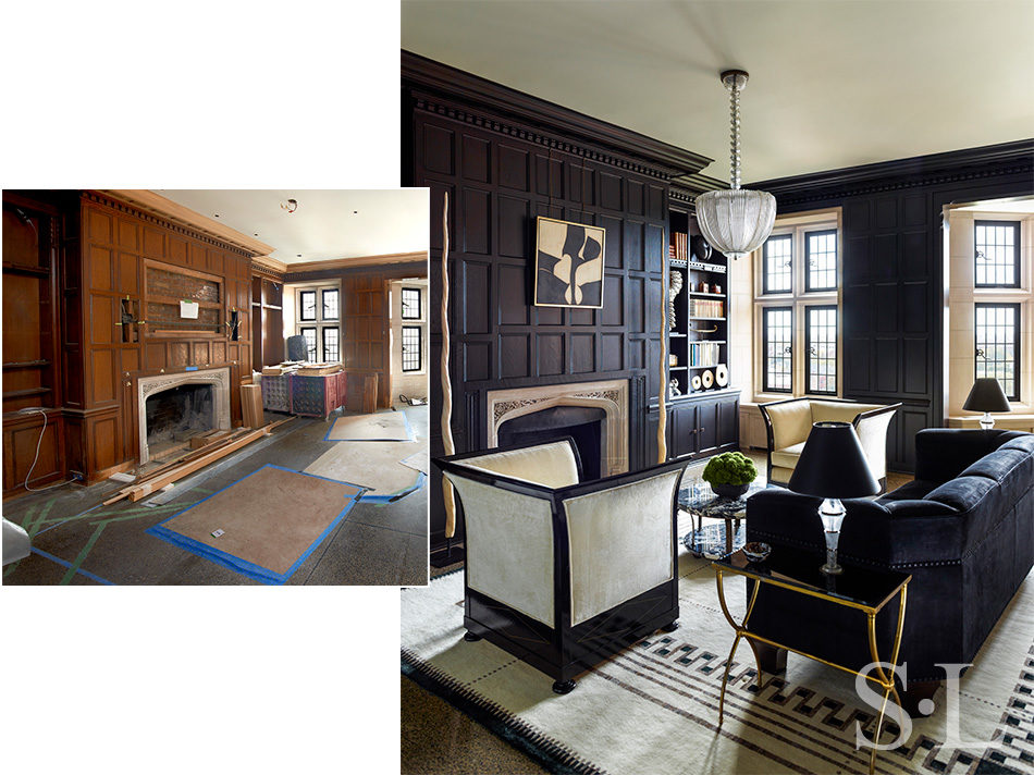 Before and after of library renovation showing existing English oak paneling