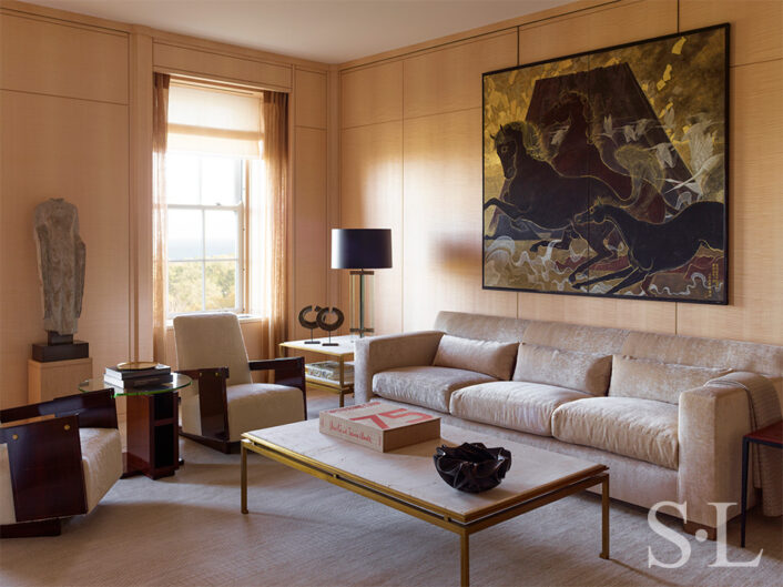 Ivory room luxury interior renovation with wood paneling in pure white natural English sycamore veneer