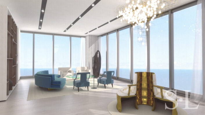 3D architectural rendering or living room of penthouse in the St. Regis Chicago skyscraper