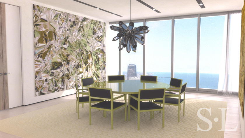 3D rendering of dining room in St. Regis Chicago penthouse featuring artwork by Pae White and a chandelier by Jeff Zimmerman