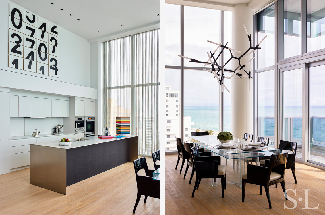 Miami Beach Edition residence kitchen and dining room with ocean views architecture and interior design by Suzanne Lovell Inc.