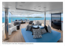 Main deck of Eternity yacht with black, white and blue furnishings designed by Suzanne Lovell